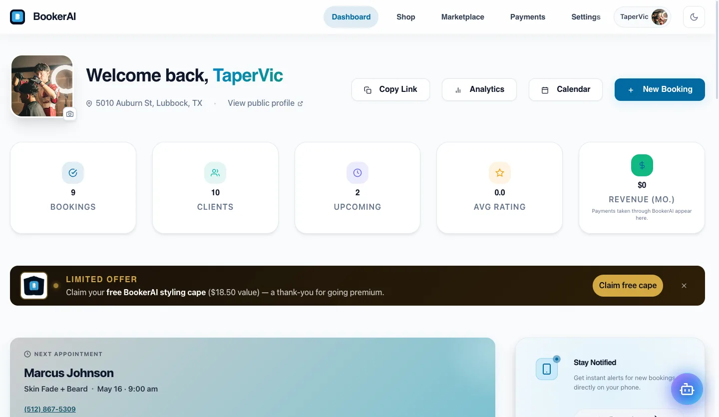 The BookerAI professional dashboard — calendar, clients, and revenue at a glance